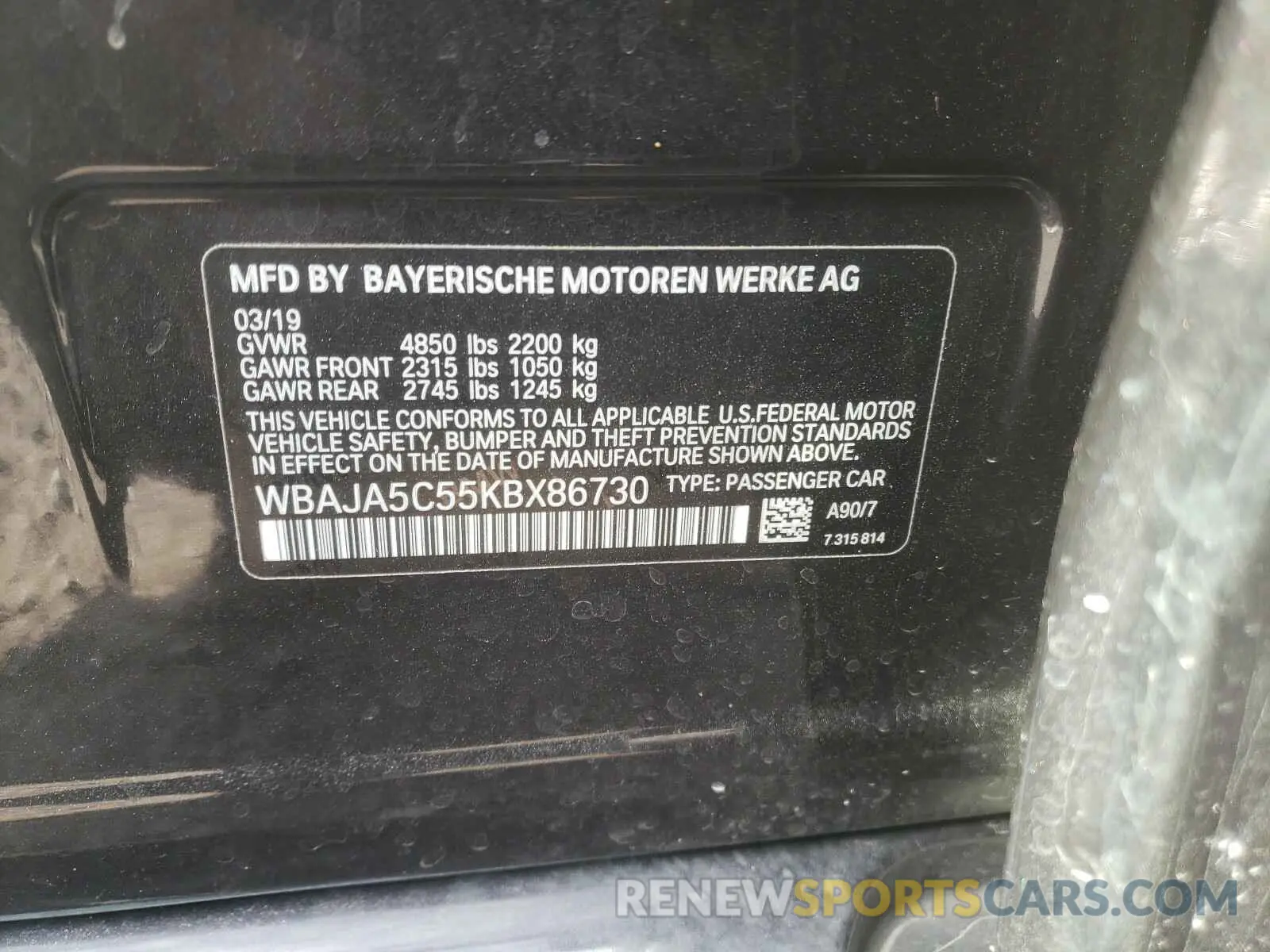 10 Photograph of a damaged car WBAJA5C55KBX86730 BMW 5 SERIES 2019
