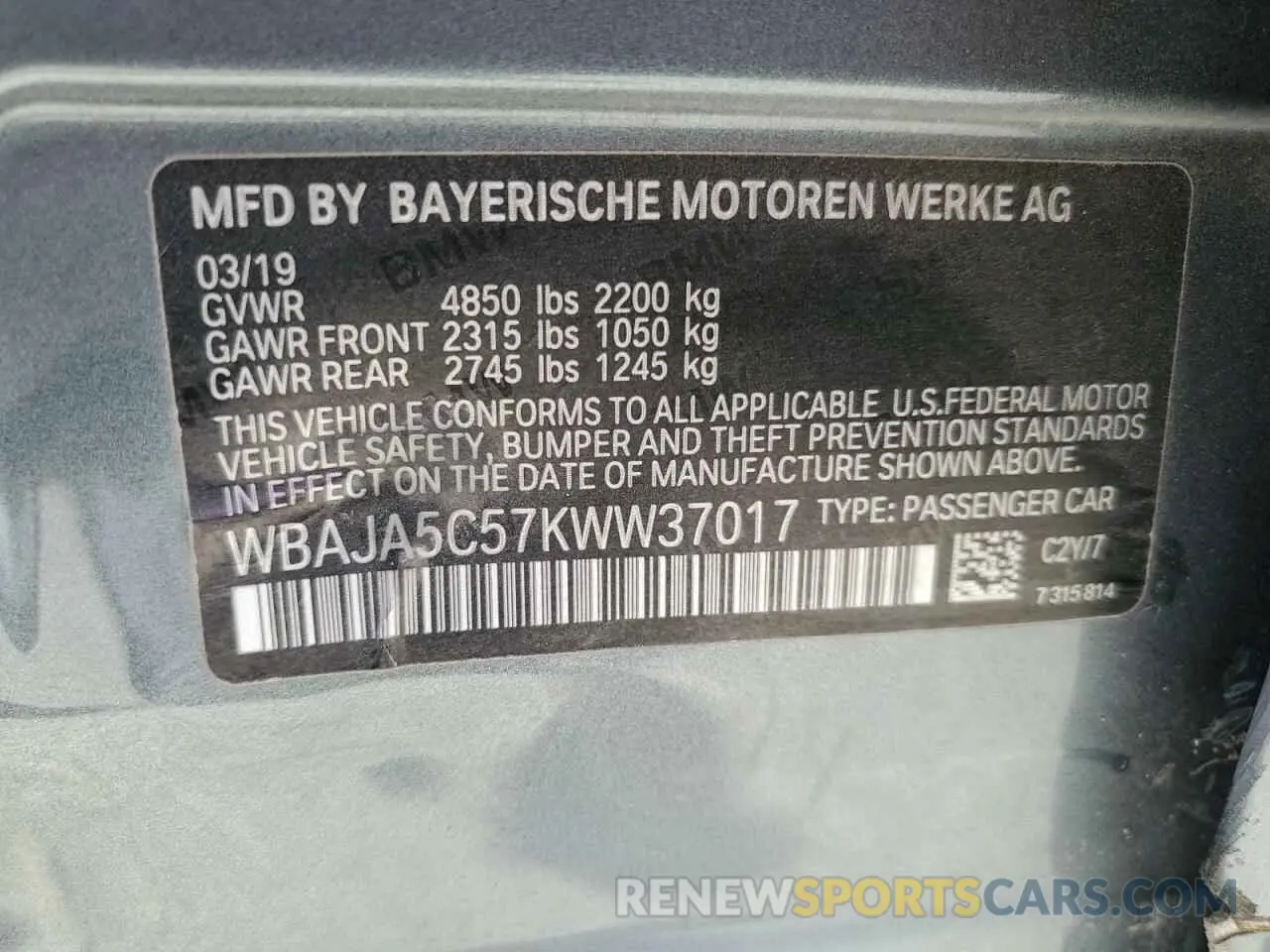 13 Photograph of a damaged car WBAJA5C57KWW37017 BMW 5 SERIES 2019