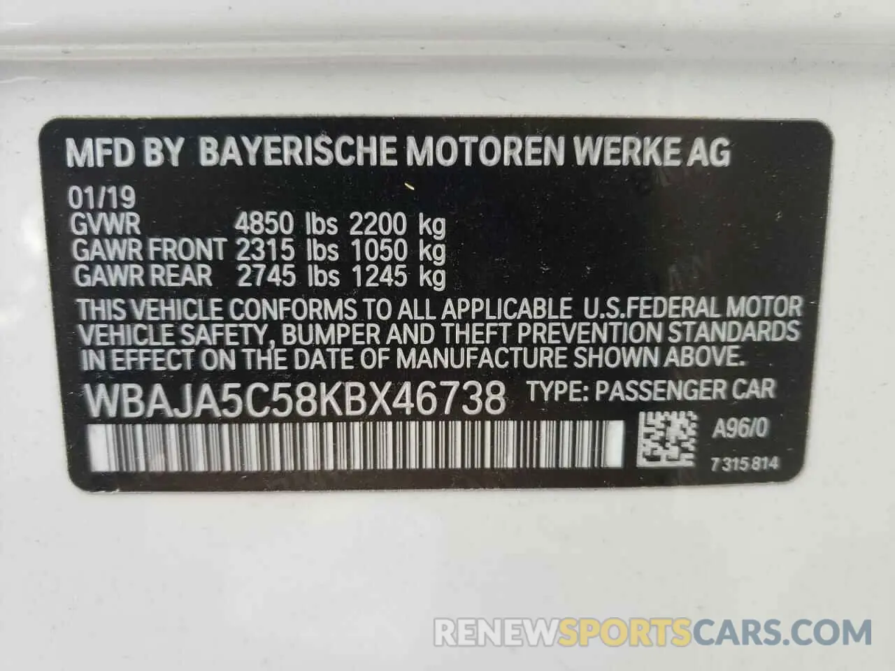 10 Фотография поврежденного автомобиля WBAJA5C58KBX46738 BMW 5 SERIES 2019