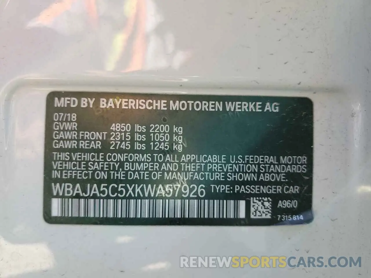 10 Фотография поврежденного автомобиля WBAJA5C5XKWA57926 BMW 5 SERIES 2019
