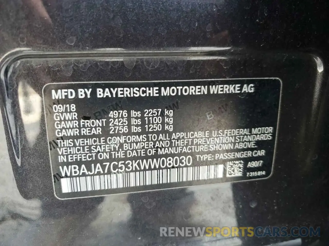 10 Photograph of a damaged car WBAJA7C53KWW08030 BMW 5 SERIES 2019