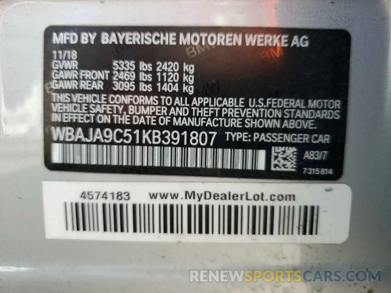 13 Photograph of a damaged car WBAJA9C51KB391807 BMW 5 SERIES 2019