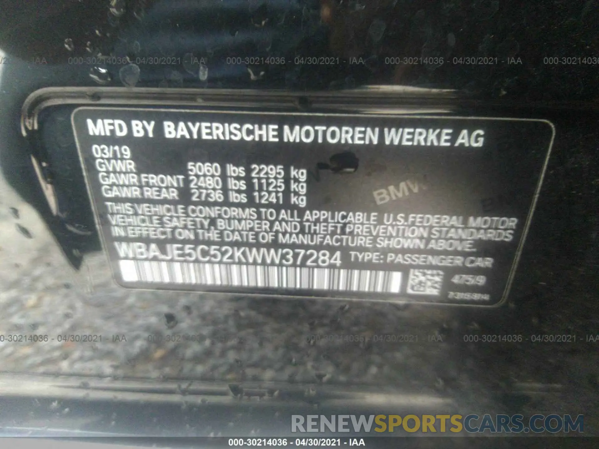 9 Photograph of a damaged car WBAJE5C52KWW37284 BMW 5 SERIES 2019