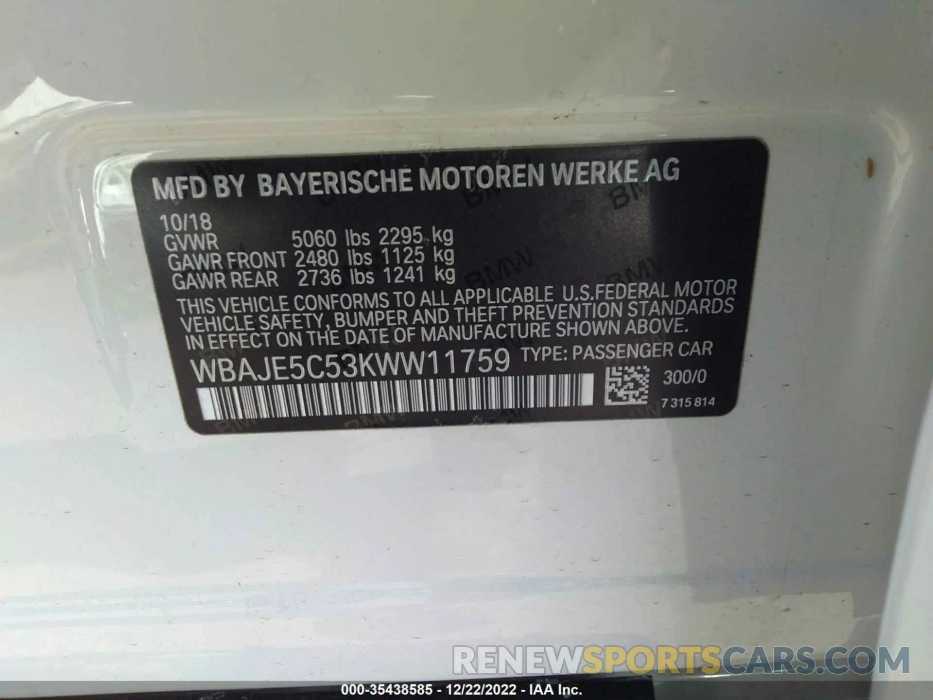 9 Фотография поврежденного автомобиля WBAJE5C53KWW11759 BMW 5 SERIES 2019