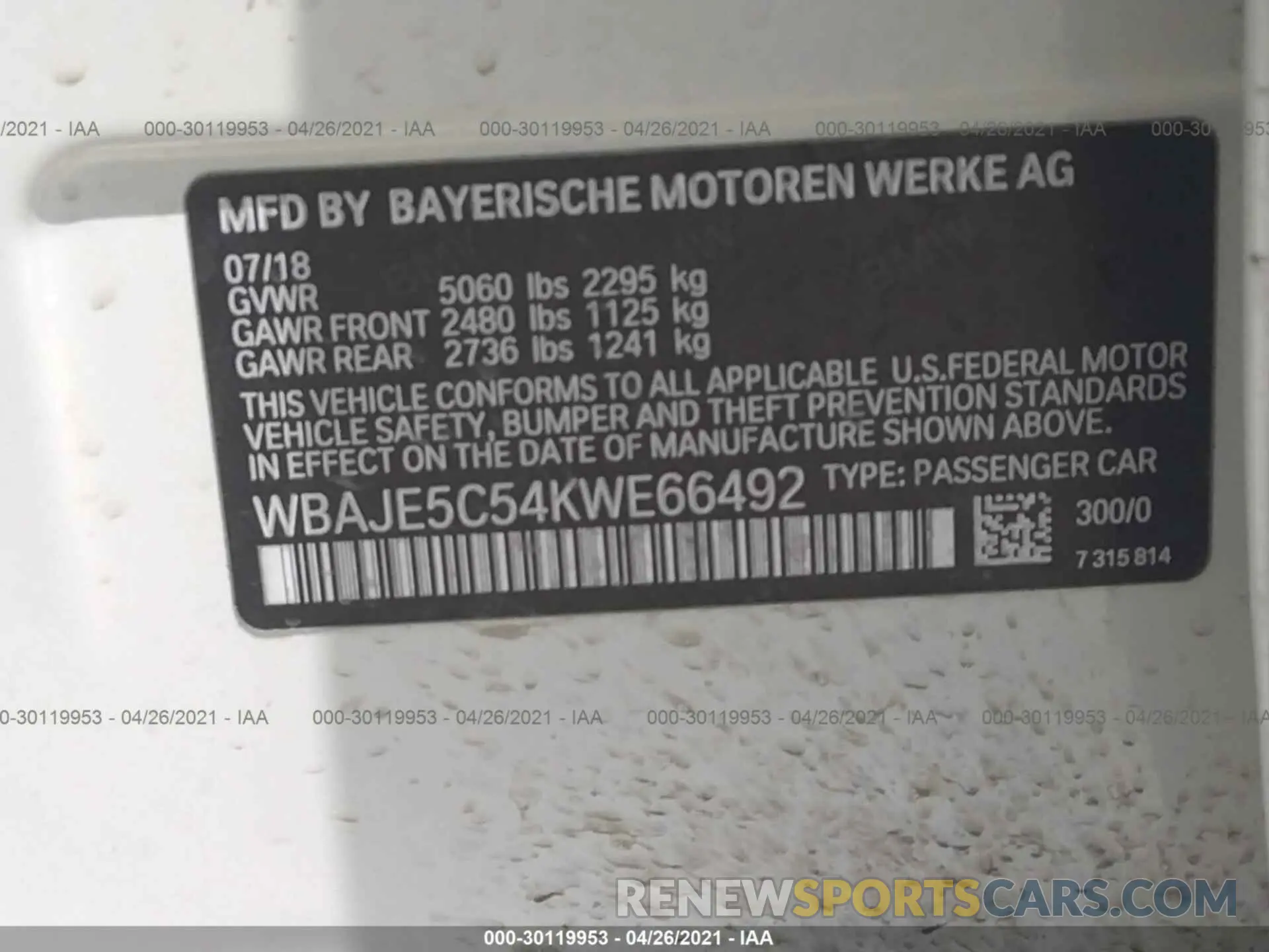 9 Фотография поврежденного автомобиля WBAJE5C54KWE66492 BMW 5 SERIES 2019
