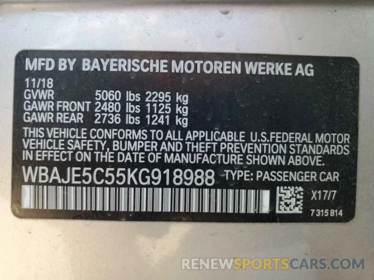 12 Фотография поврежденного автомобиля WBAJE5C55KG918988 BMW 5 SERIES 2019