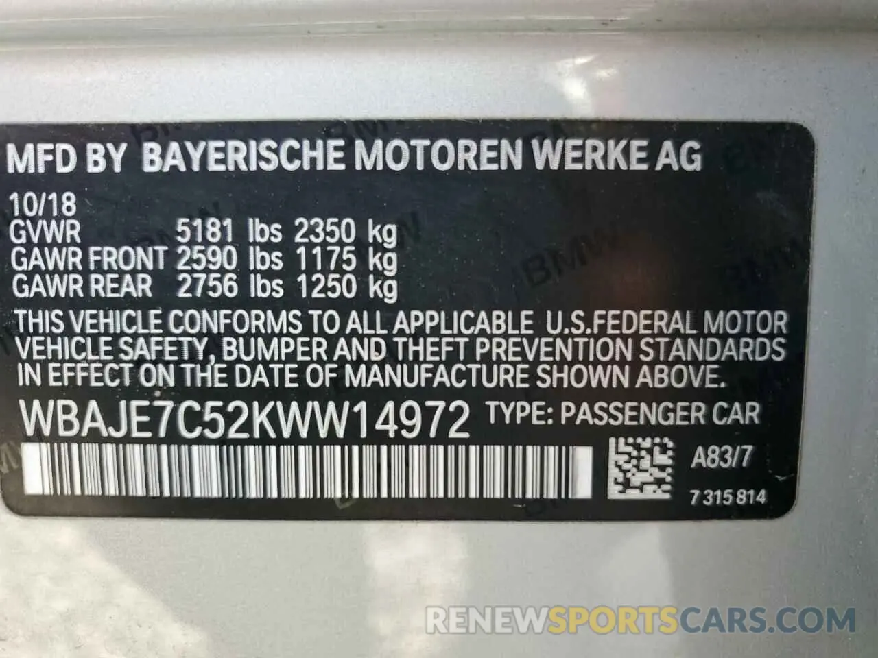 13 Photograph of a damaged car WBAJE7C52KWW14972 BMW 5 SERIES 2019