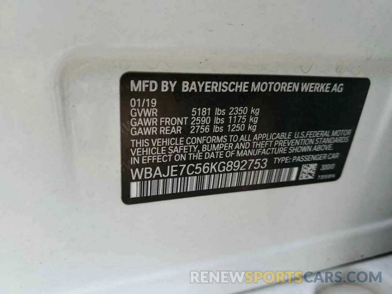 10 Photograph of a damaged car WBAJE7C56KG892753 BMW 5 SERIES 2019