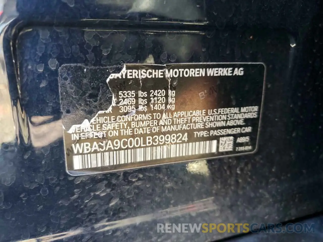 14 Photograph of a damaged car WBAJA9C00LB399824 BMW 5 SERIES 2020