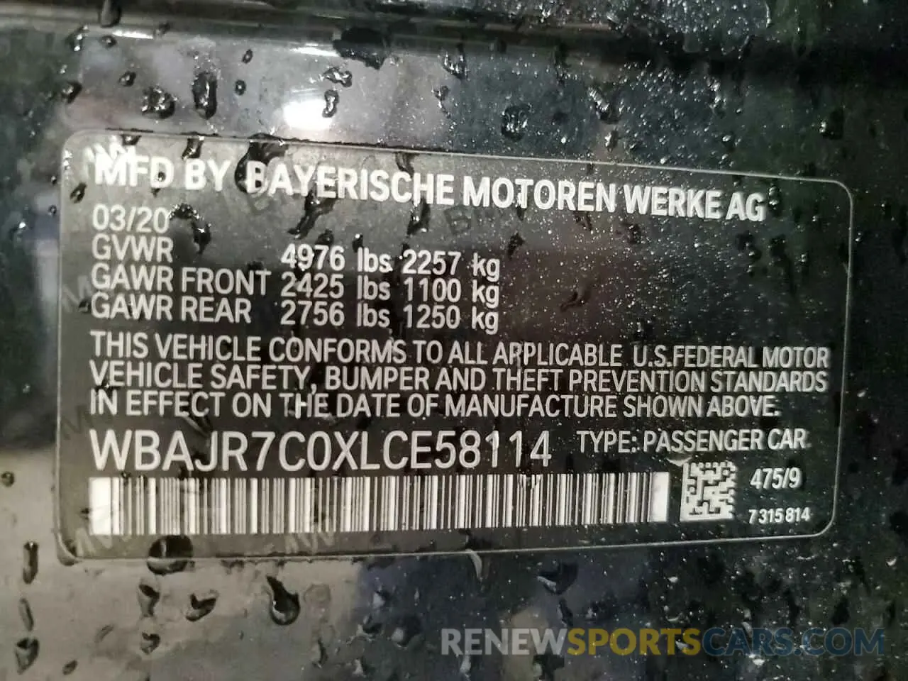 12 Photograph of a damaged car WBAJR7C0XLCE58114 BMW 5 SERIES 2020