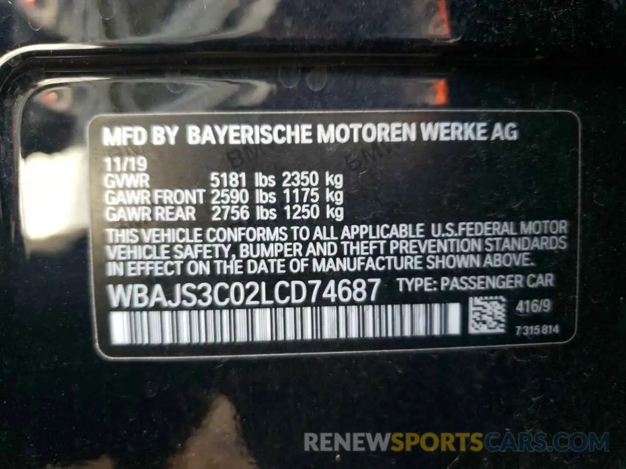 10 Photograph of a damaged car WBAJS3C02LCD74687 BMW 5 SERIES 2020