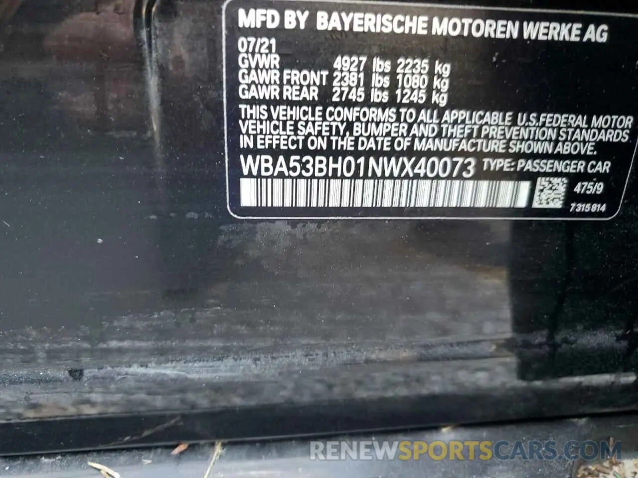 10 Photograph of a damaged car WBA53BH01NWX40073 BMW 5 SERIES 2022