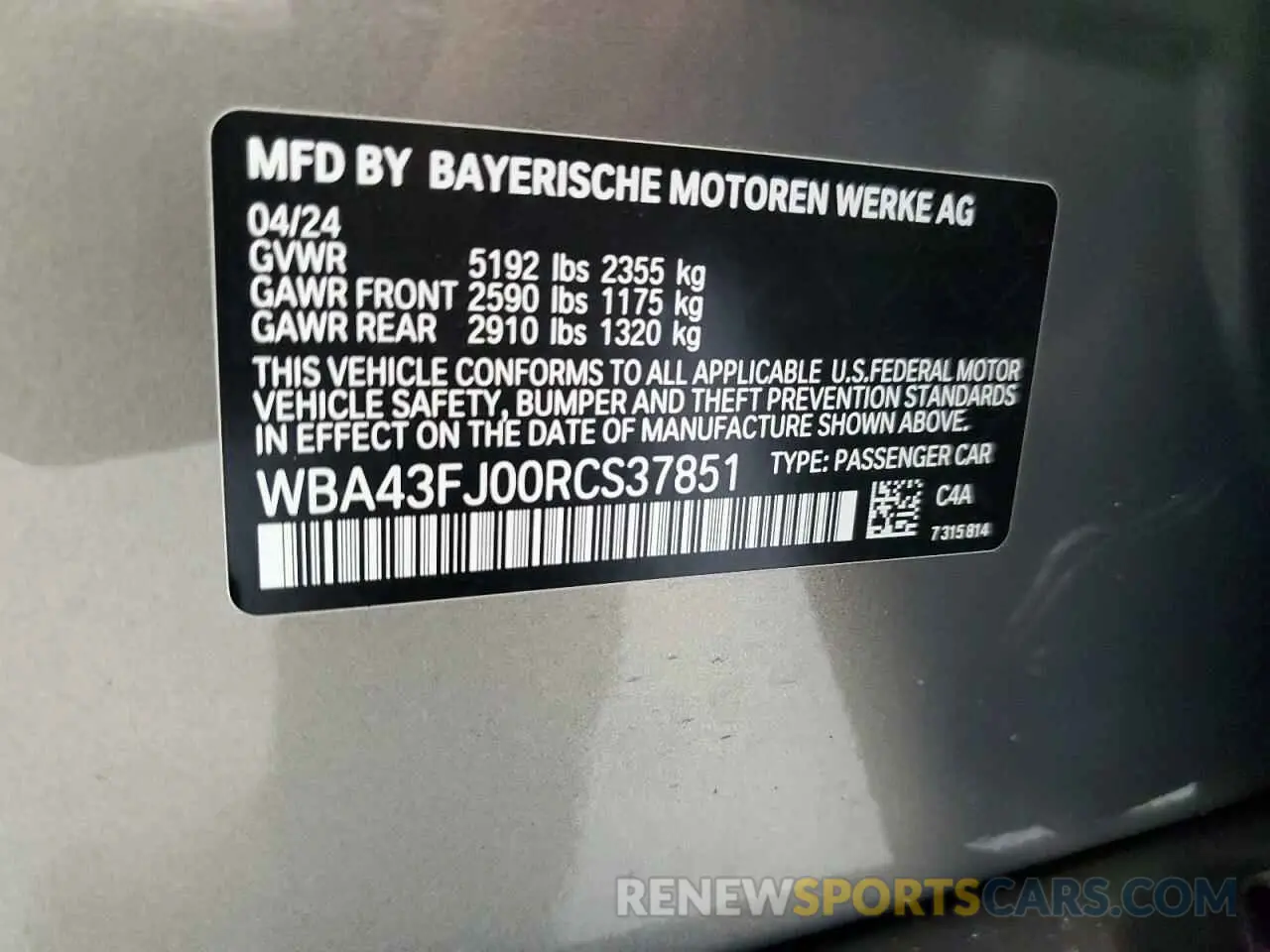 12 Фотография поврежденного автомобиля WBA43FJ00RCS37851 BMW 5 SERIES 2024