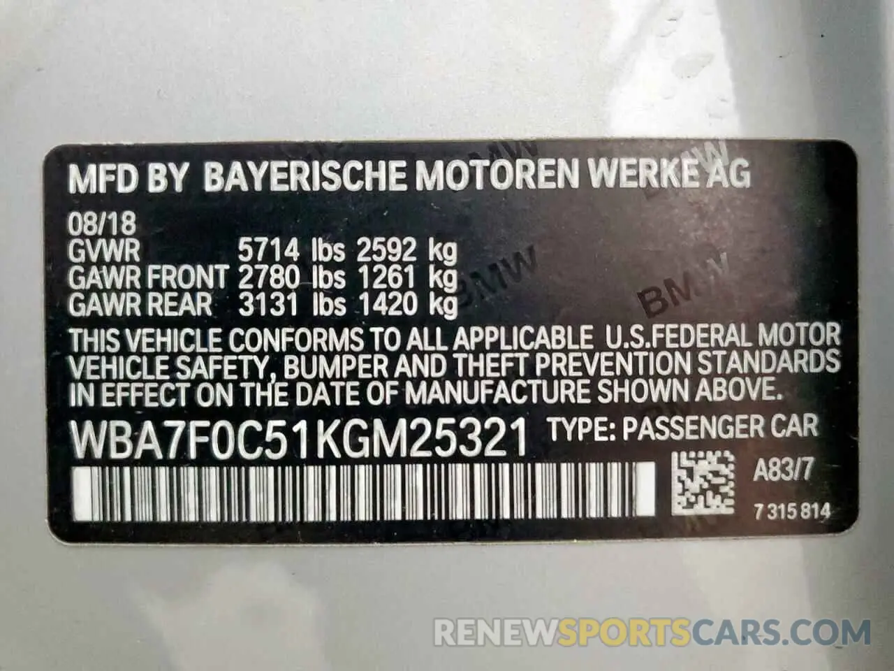 12 Photograph of a damaged car WBA7F0C51KGM25321 BMW 7 SERIES 2019