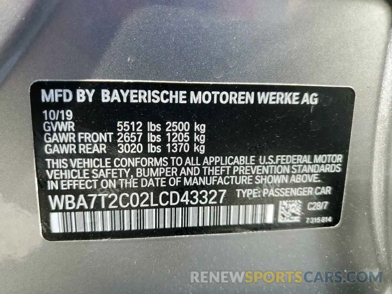 13 Photograph of a damaged car WBA7T2C02LCD43327 BMW 7 SERIES 2020