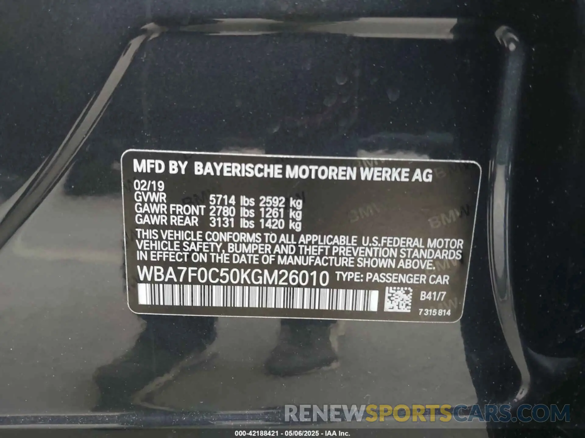 9 Photograph of a damaged car WBA7F0C50KGM26010 BMW 750I 2019