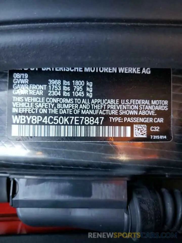 10 Photograph of a damaged car WBY8P4C50K7E78847 BMW I SERIES 2019