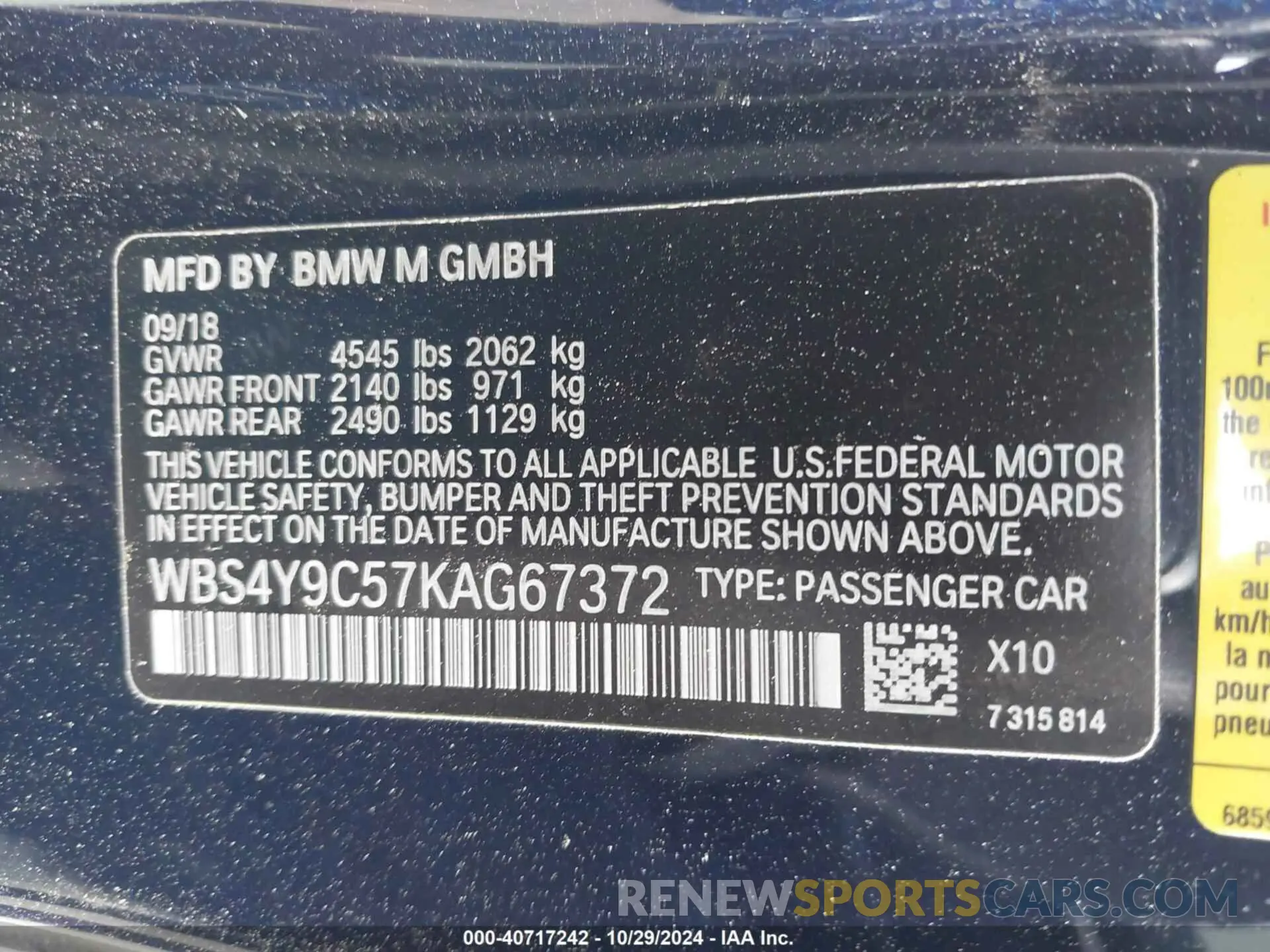9 Photograph of a damaged car WBS4Y9C57KAG67372 BMW M4 2019