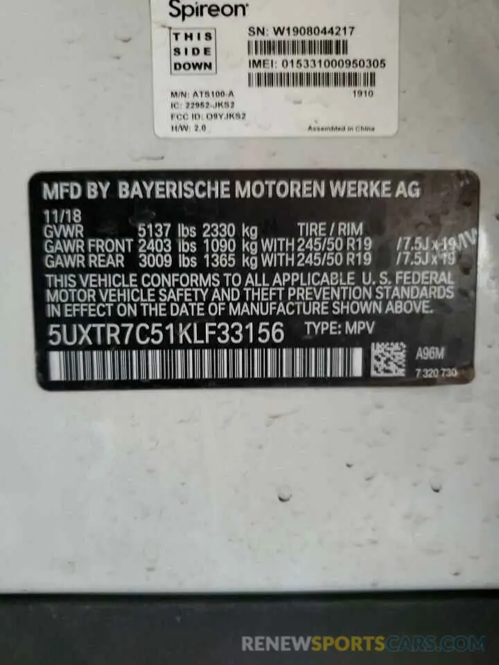 12 Photograph of a damaged car 5UXTR7C51KLF33156 BMW X3 2019