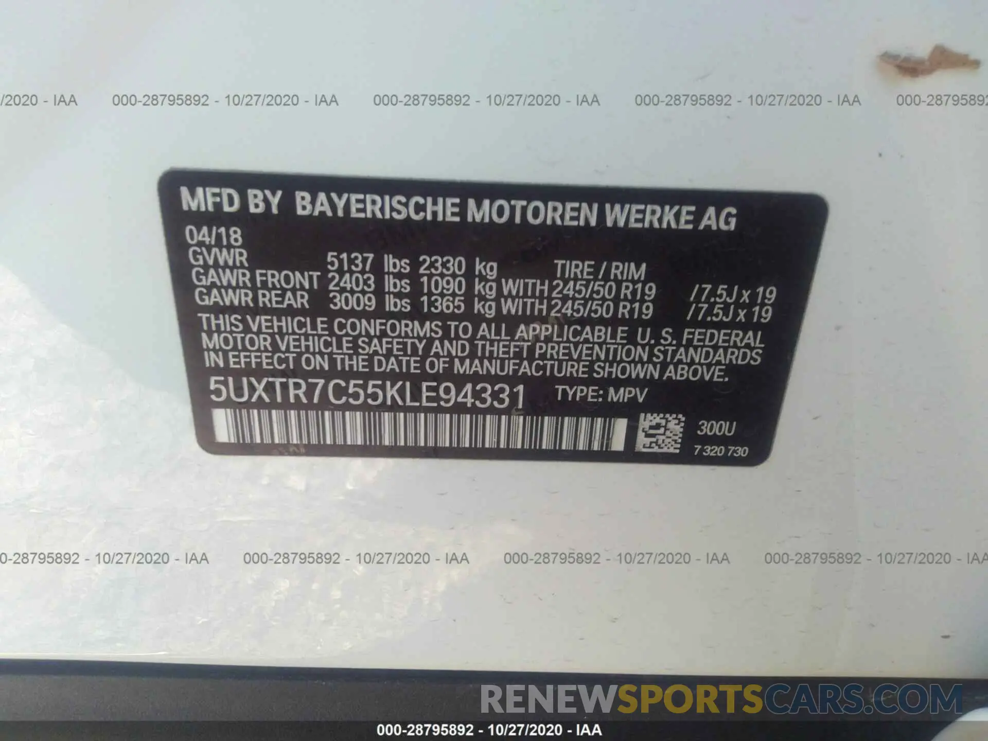 9 Photograph of a damaged car 5UXTR7C55KLE94331 BMW X3 2019