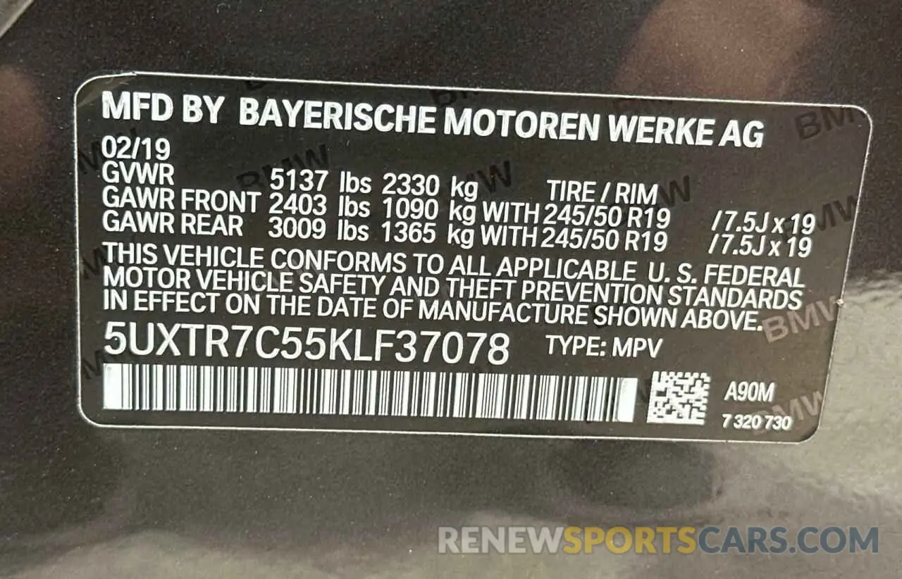 10 Photograph of a damaged car 5UXTR7C55KLF37078 BMW X3 2019