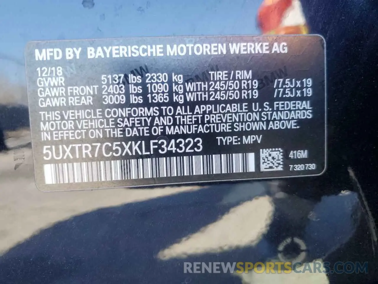 15 Photograph of a damaged car 5UXTR7C5XKLF34323 BMW X3 2019