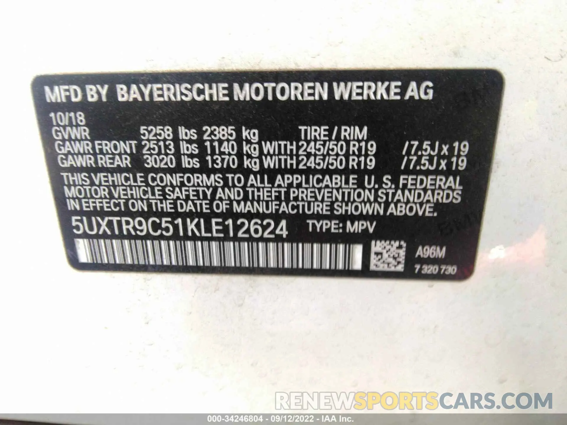 9 Photograph of a damaged car 5UXTR9C51KLE12624 BMW X3 2019
