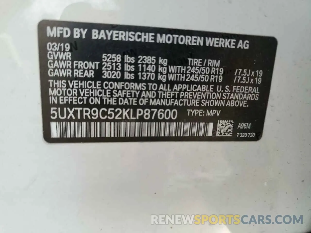 13 Photograph of a damaged car 5UXTR9C52KLP87600 BMW X3 2019