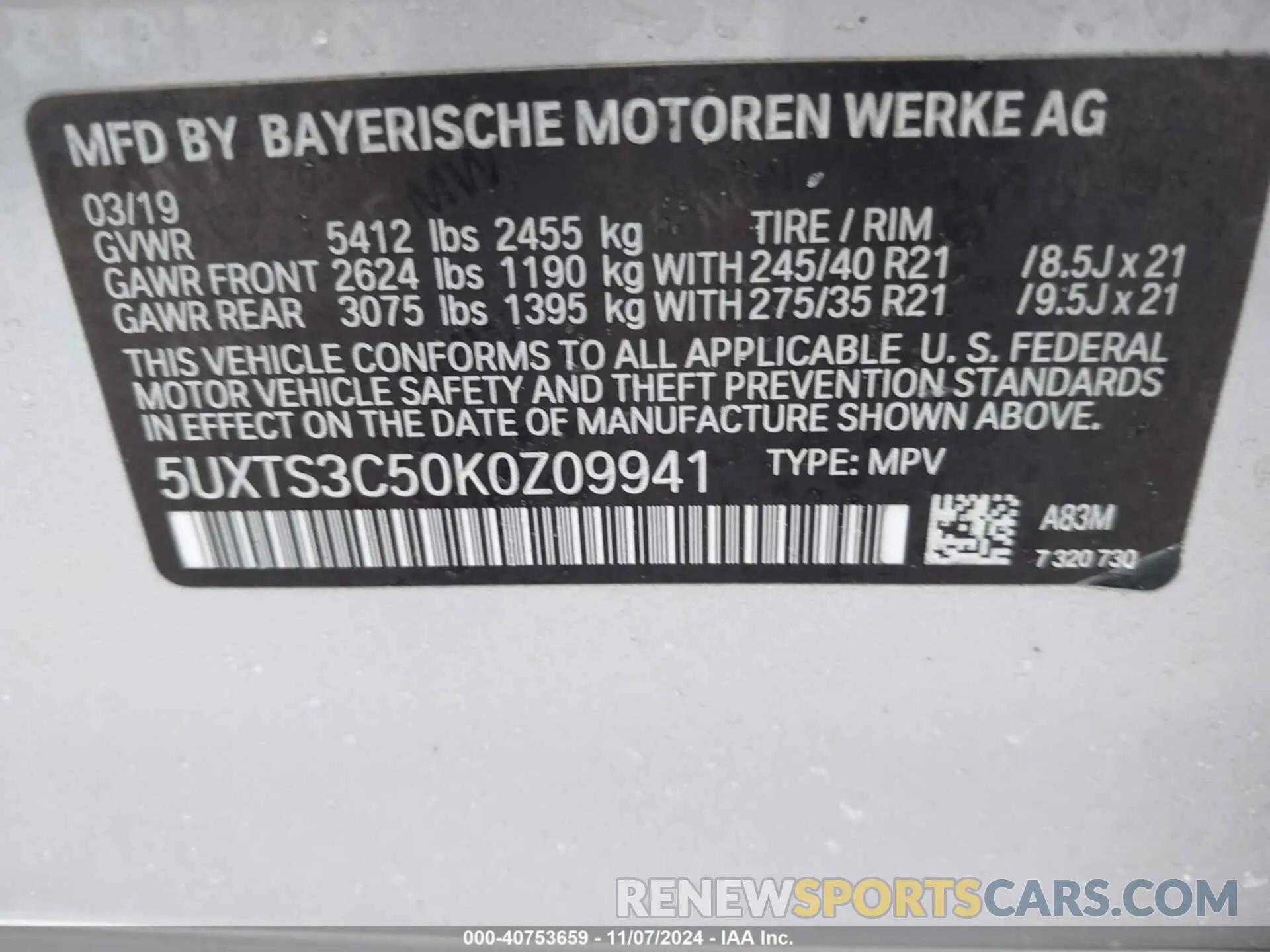 9 Photograph of a damaged car 5UXTS3C50K0Z09941 BMW X3 2019