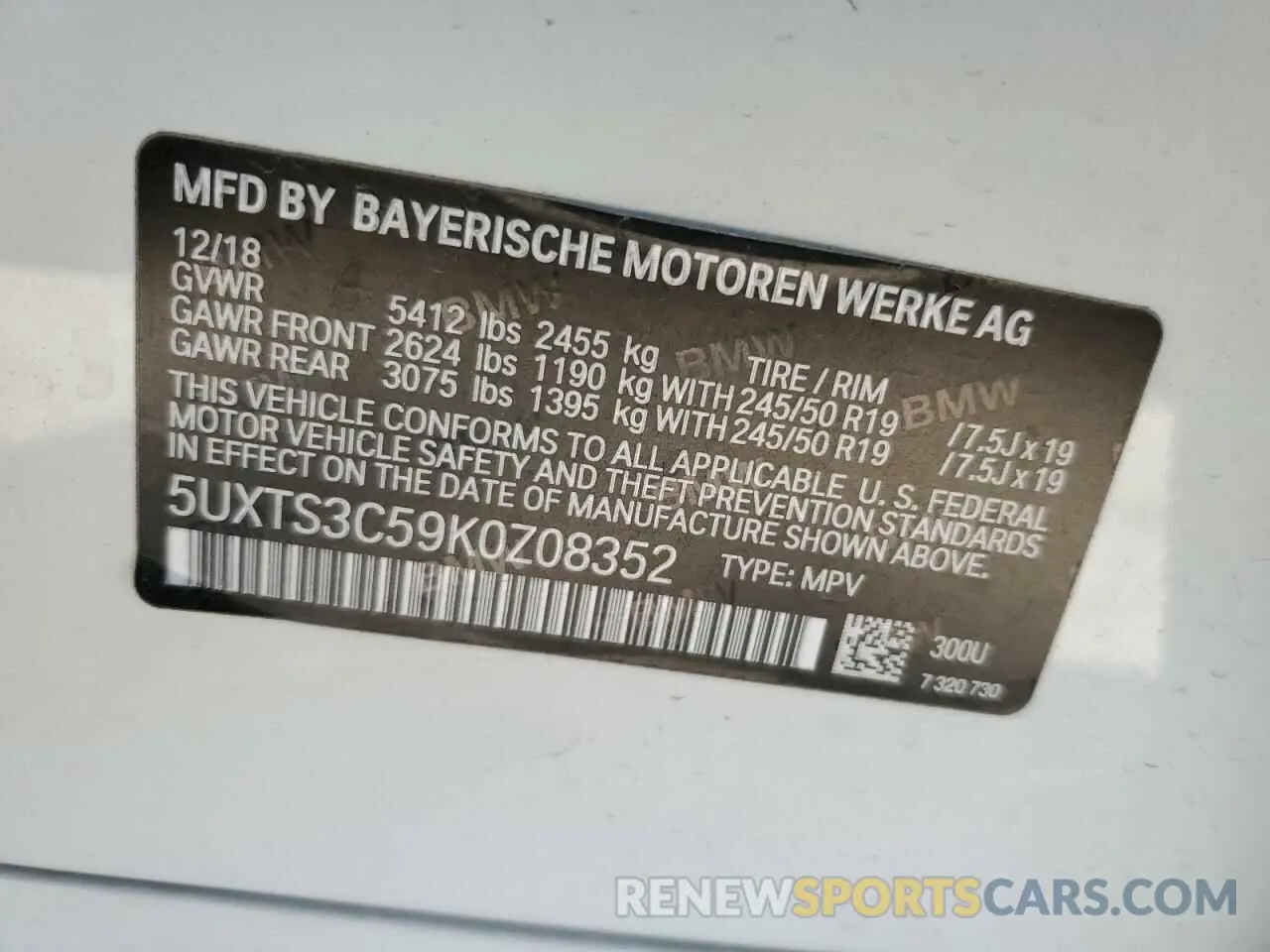 13 Photograph of a damaged car 5UXTS3C59K0Z08352 BMW X3 2019