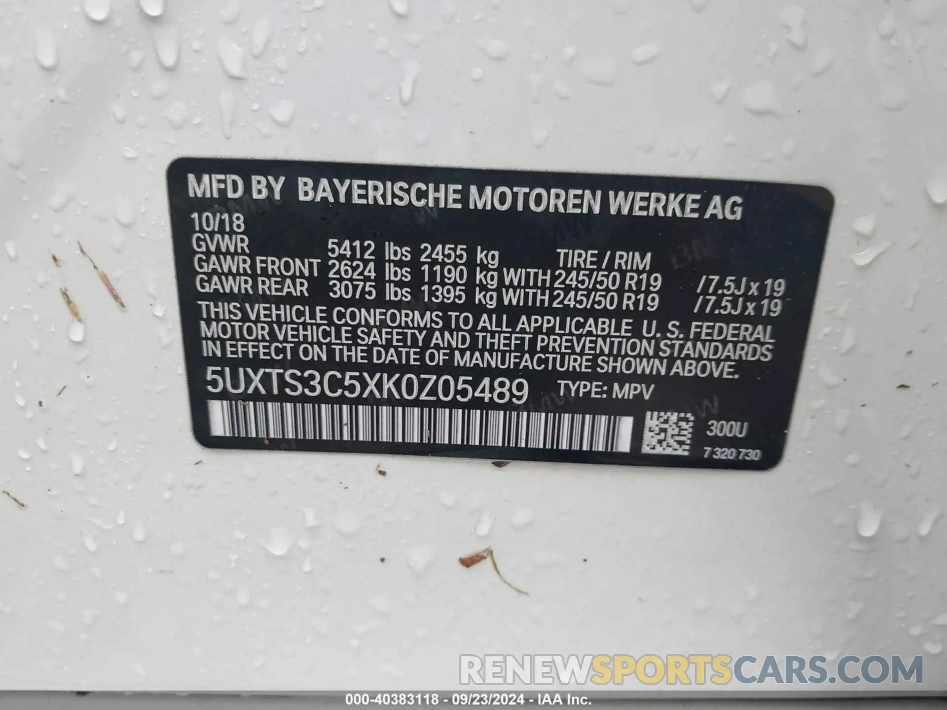 9 Photograph of a damaged car 5UXTS3C5XK0Z05489 BMW X3 2019