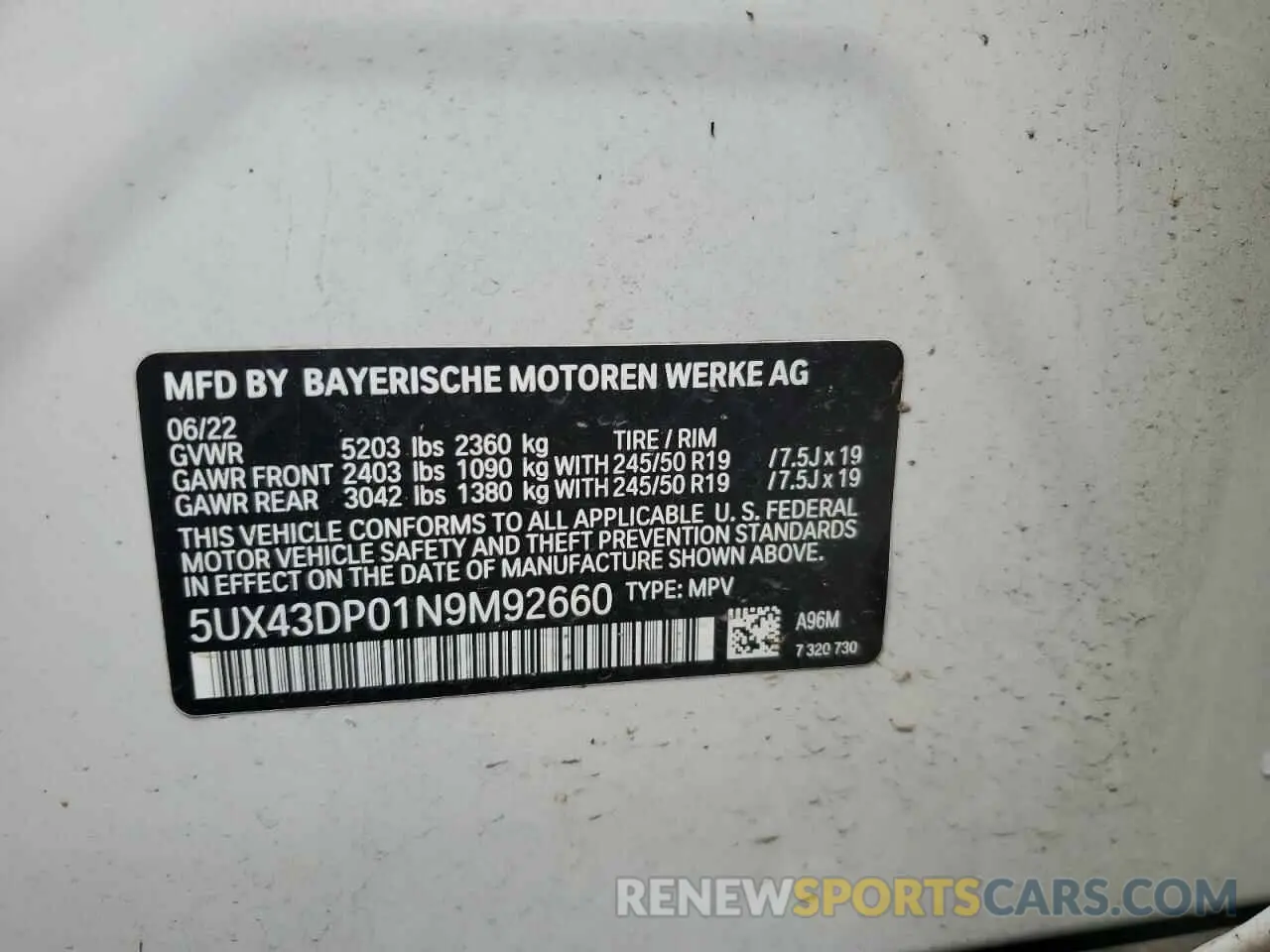 13 Photograph of a damaged car 5UX43DP01N9M92660 BMW X3 2022