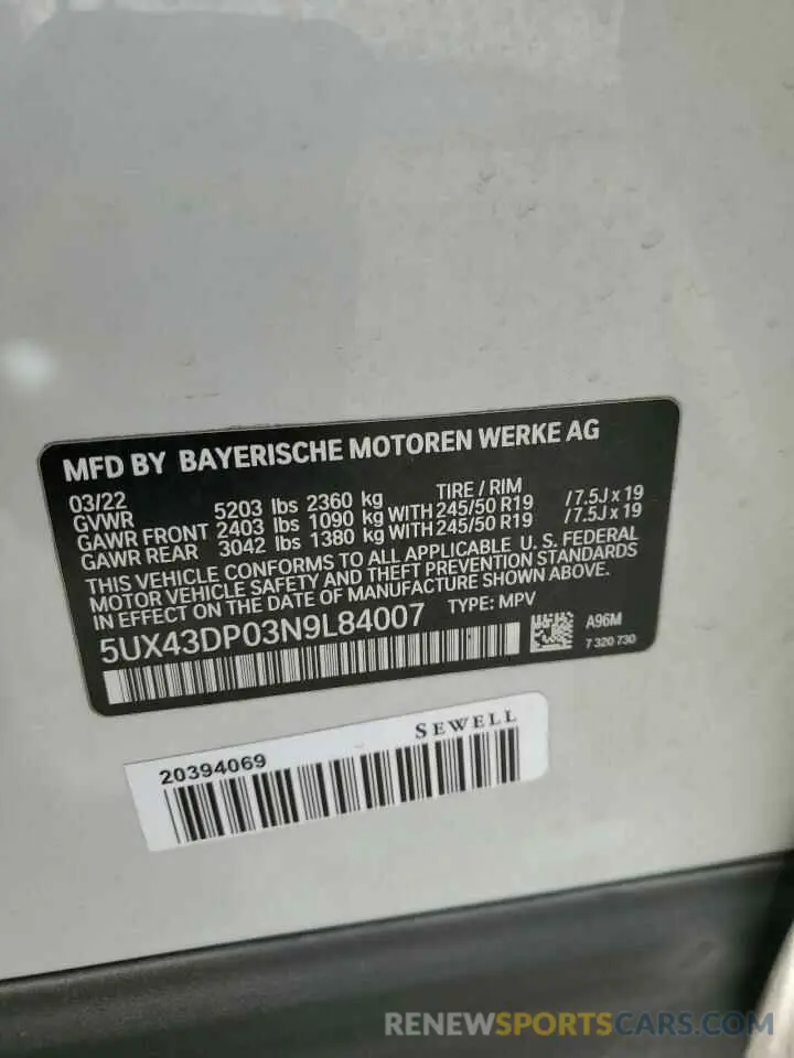 13 Photograph of a damaged car 5UX43DP03N9L84007 BMW X3 2022