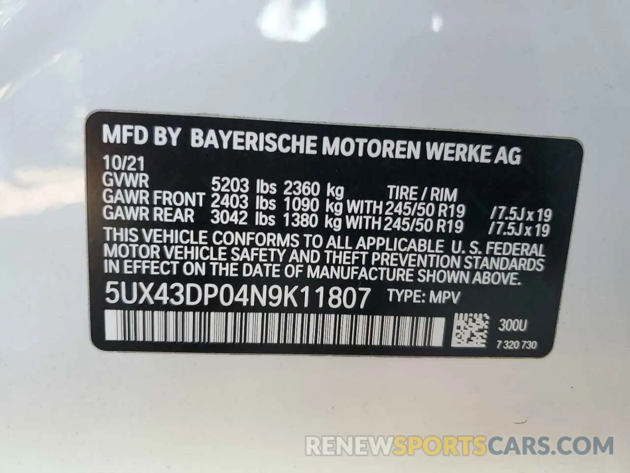 13 Photograph of a damaged car 5UX43DP04N9K11807 BMW X3 2022