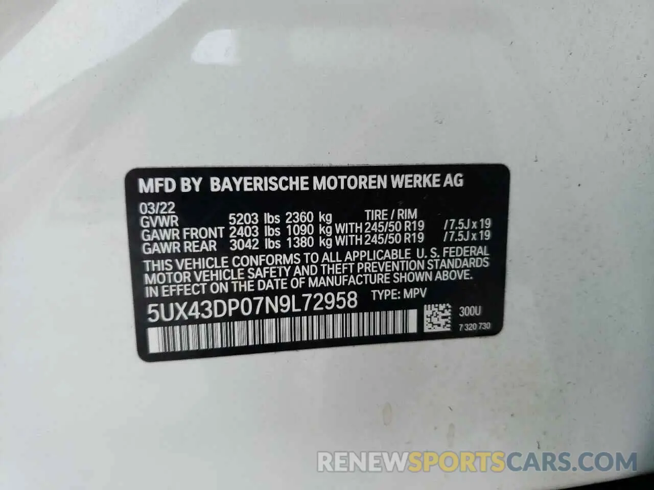 10 Photograph of a damaged car 5UX43DP07N9L72958 BMW X3 2022