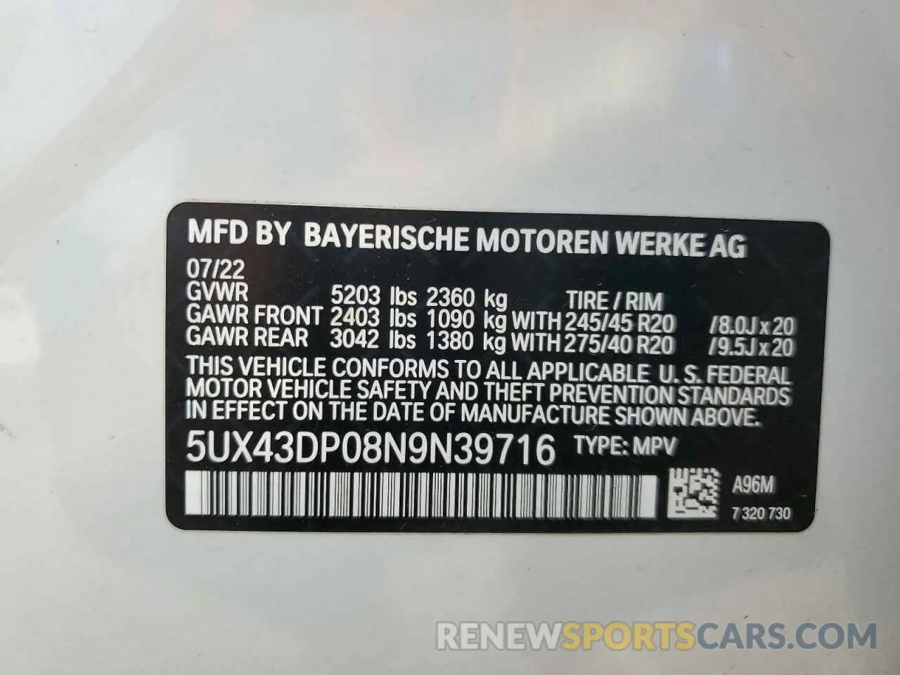 15 Photograph of a damaged car 5UX43DP08N9N39716 BMW X3 2022
