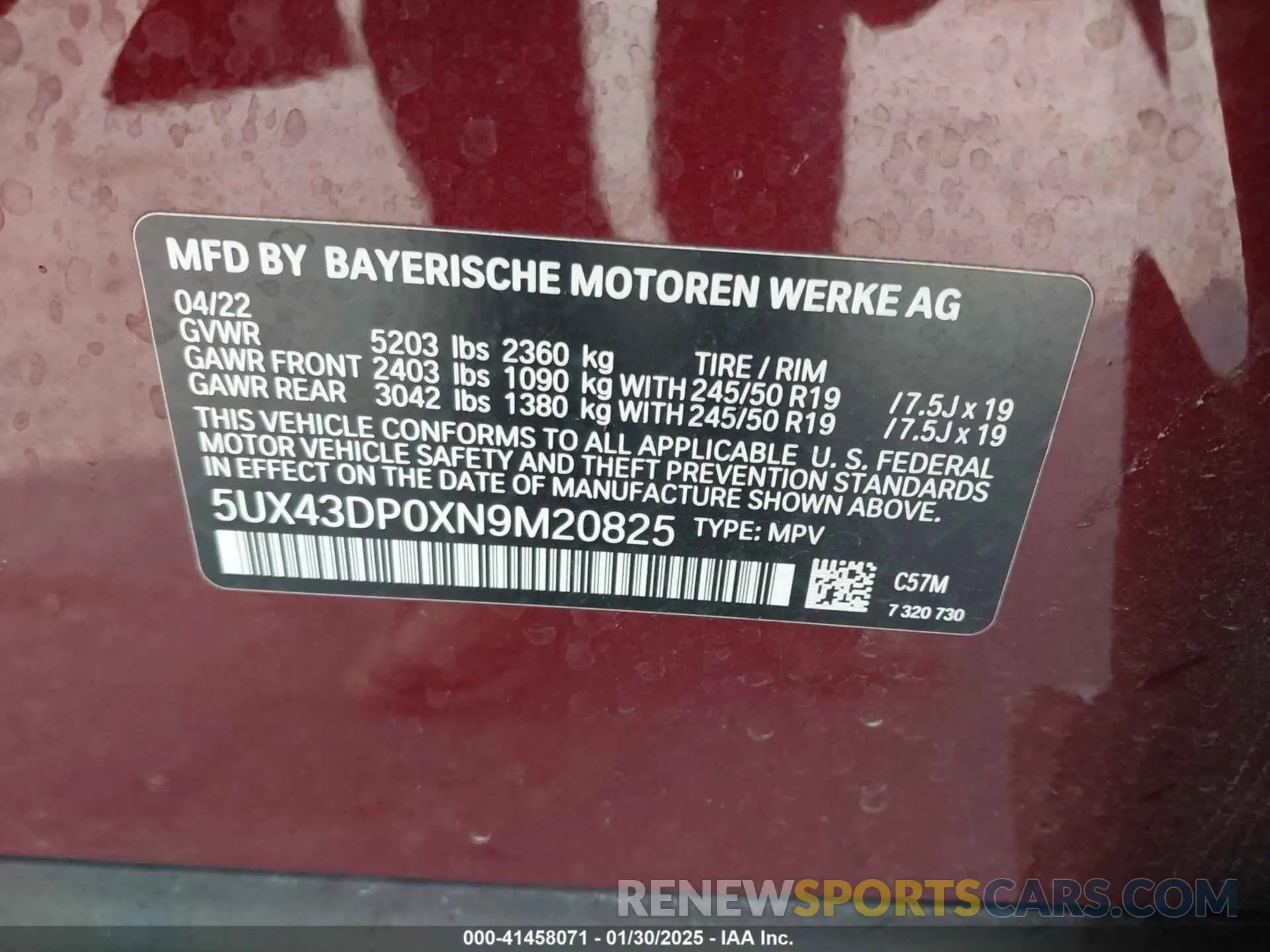 9 Photograph of a damaged car 5UX43DP0XN9M20825 BMW X3 2022