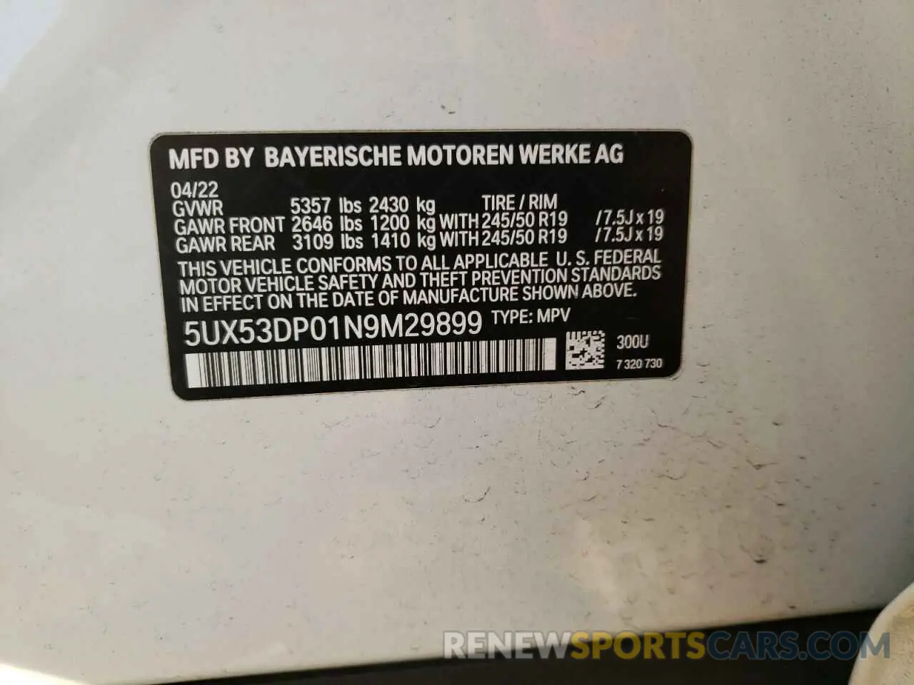 14 Photograph of a damaged car 5UX53DP01N9M29899 BMW X3 2022