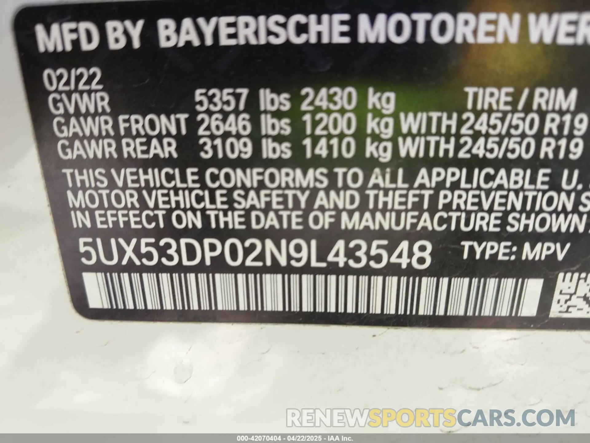 9 Фотография поврежденного автомобиля 5UX53DP02N9L43548 BMW X3 2022