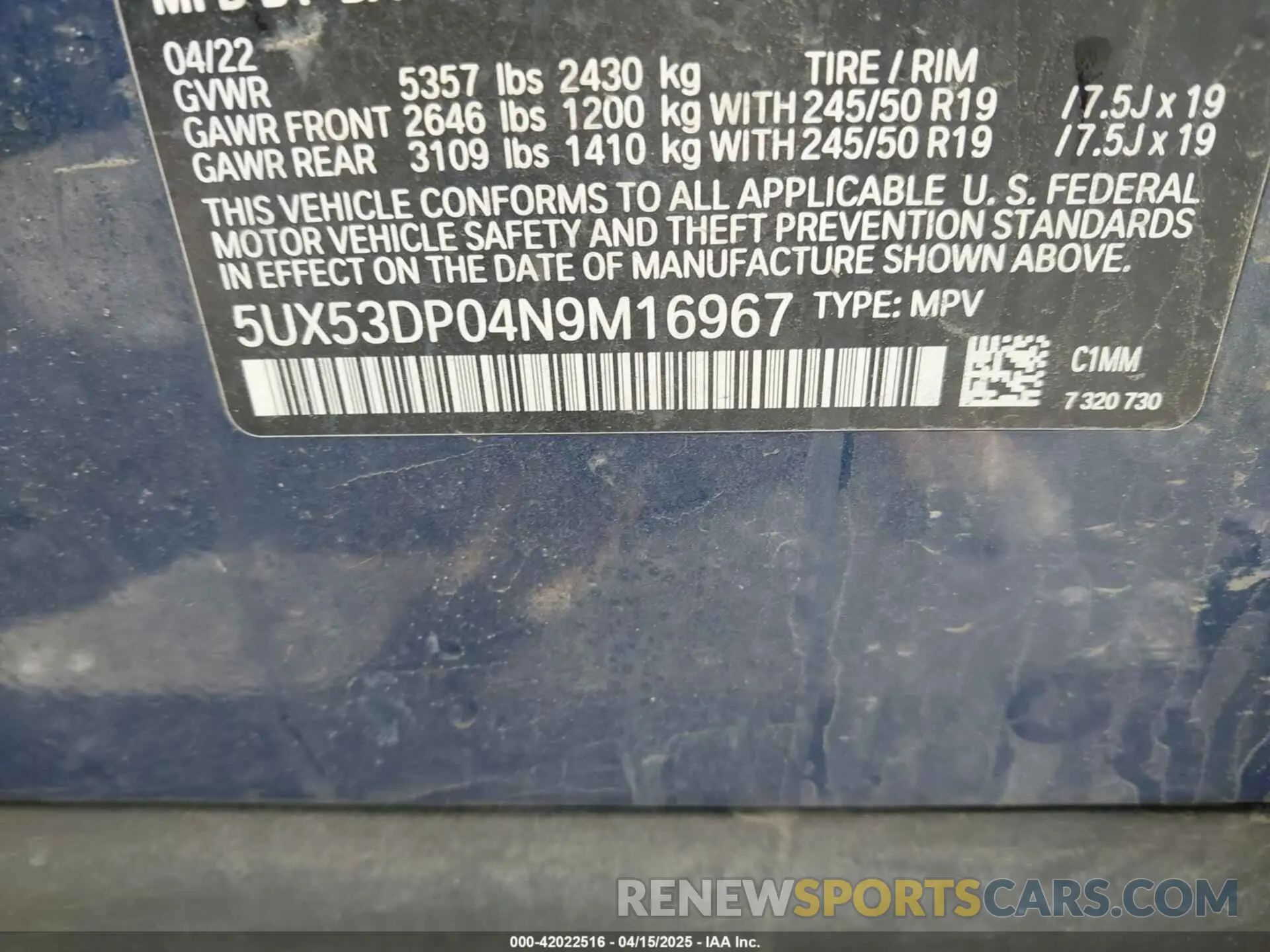 9 Photograph of a damaged car 5UX53DP04N9M16967 BMW X3 2022