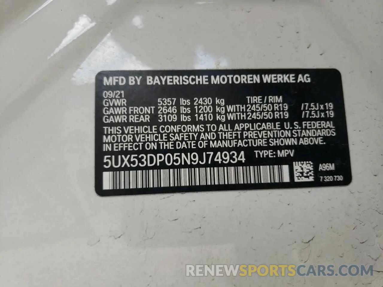 10 Photograph of a damaged car 5UX53DP05N9J74934 BMW X3 2022