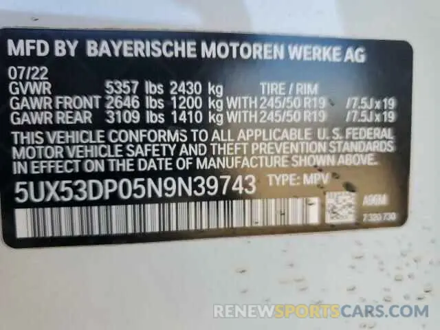 13 Photograph of a damaged car 5UX53DP05N9N39743 BMW X3 2022