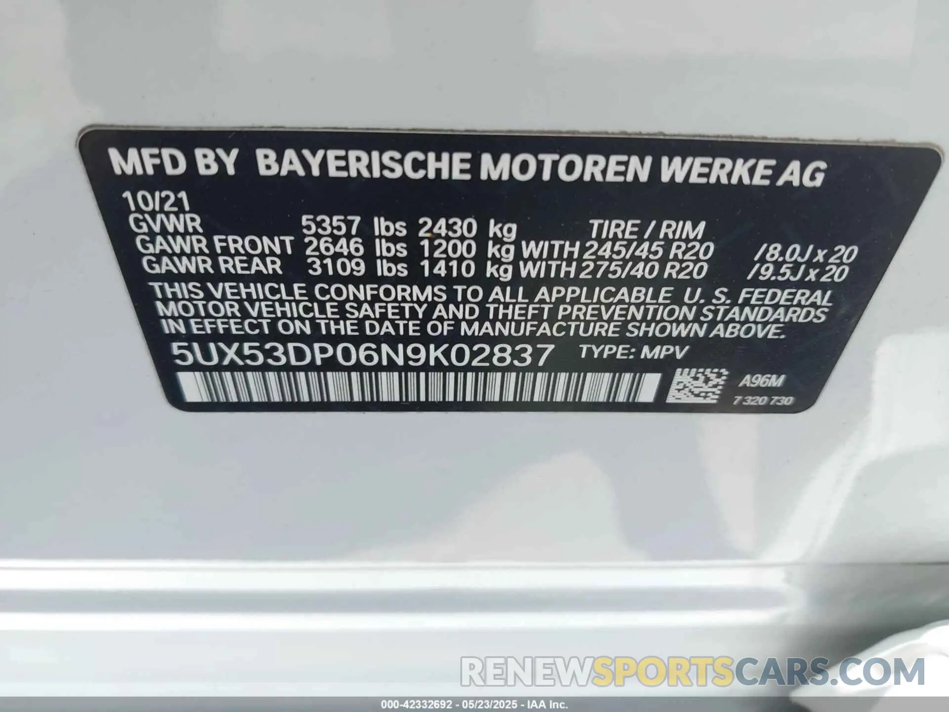 9 Фотография поврежденного автомобиля 5UX53DP06N9K02837 BMW X3 2022