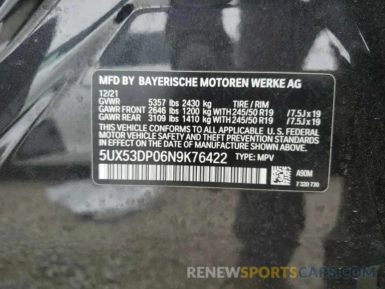 13 Photograph of a damaged car 5UX53DP06N9K76422 BMW X3 2022