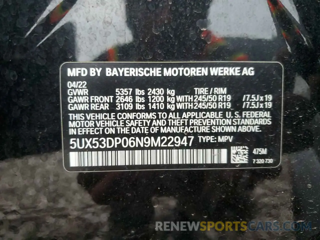 13 Photograph of a damaged car 5UX53DP06N9M22947 BMW X3 2022