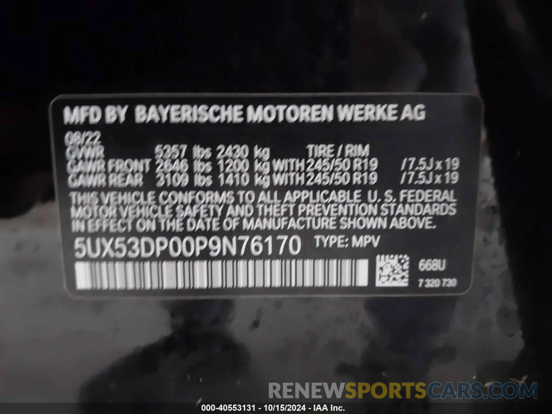 9 Photograph of a damaged car 5UX53DP00P9N76170 BMW X3 2023