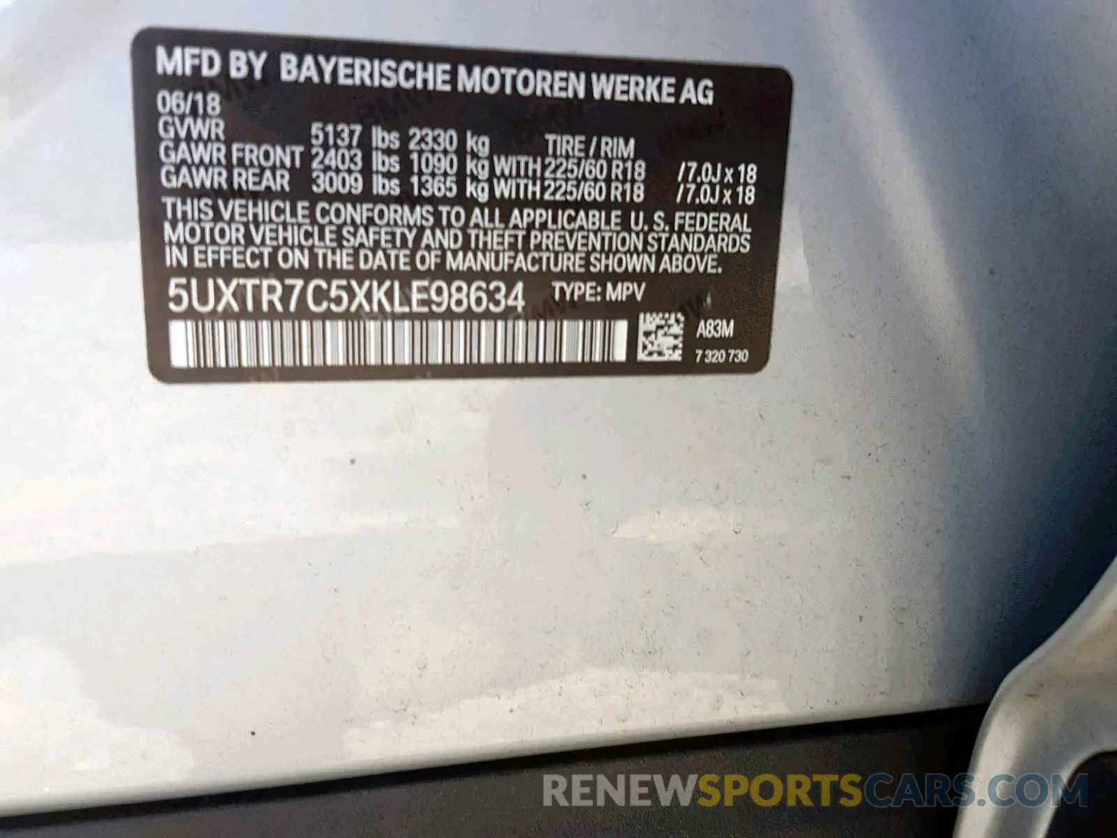 10 Фотография поврежденного автомобиля 5UXTR7C5XKLE98634 BMW X3 SDRIVE3 2019