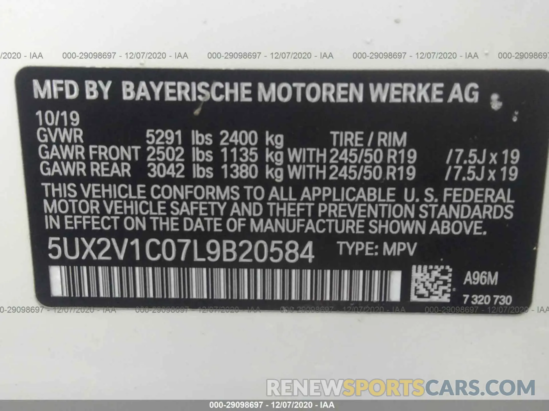 9 Photograph of a damaged car 5UX2V1C07L9B20584 BMW X4 2020