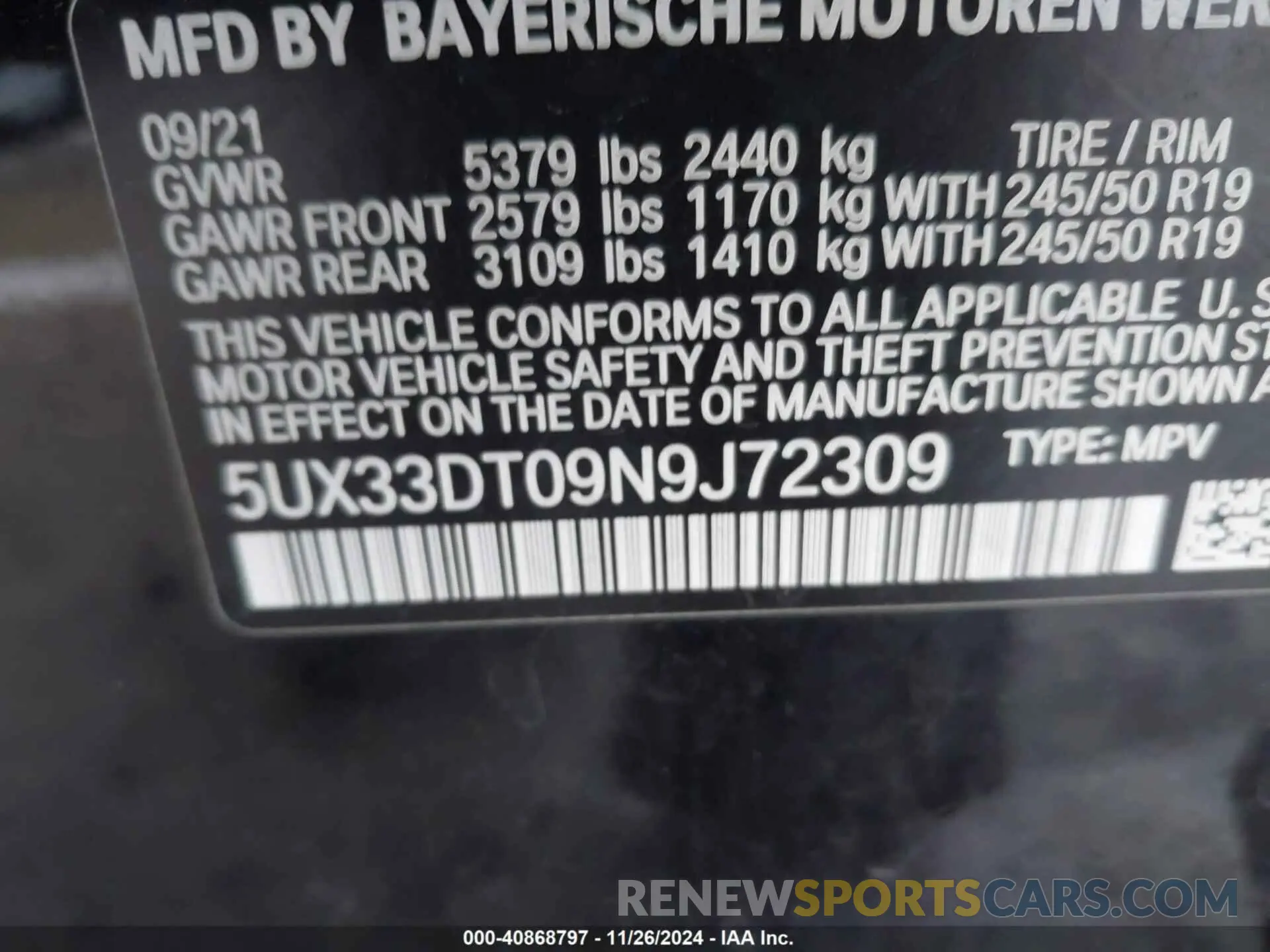 9 Photograph of a damaged car 5UX33DT09N9J72309 BMW X4 2022