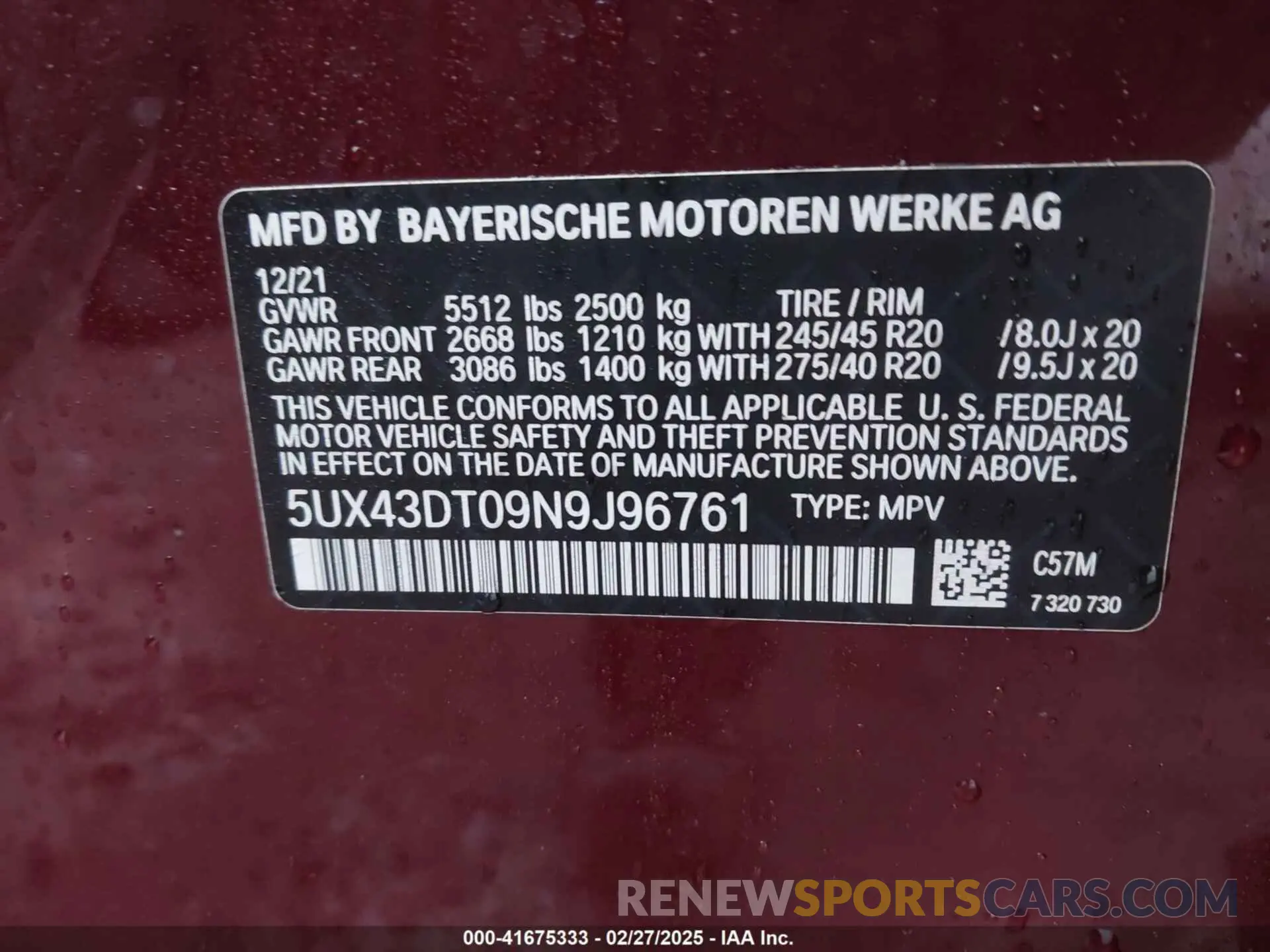 9 Photograph of a damaged car 5UX43DT09N9J96761 BMW X4 2022